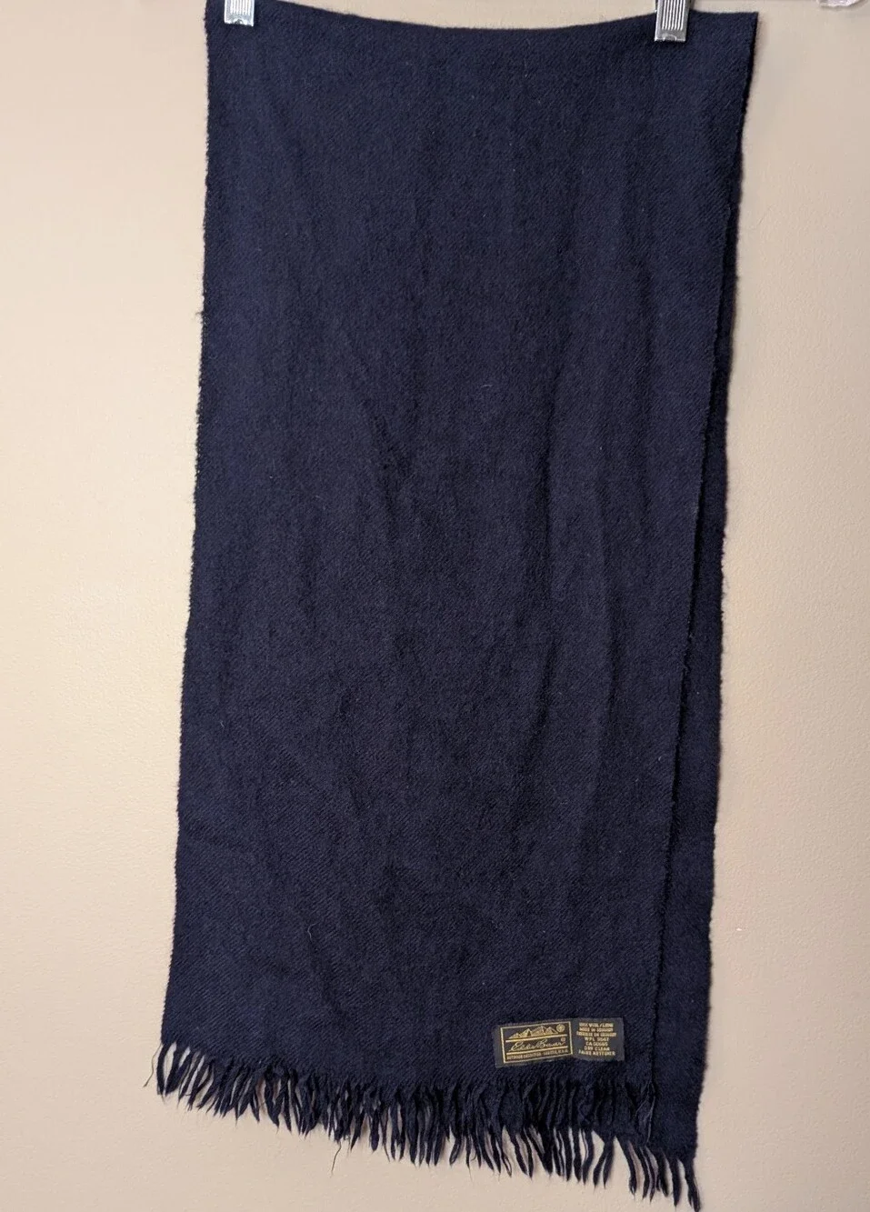 Vintage Eddie Bauer Navy Blue Wool Scarf Fringe Made in USA Winter Unisex